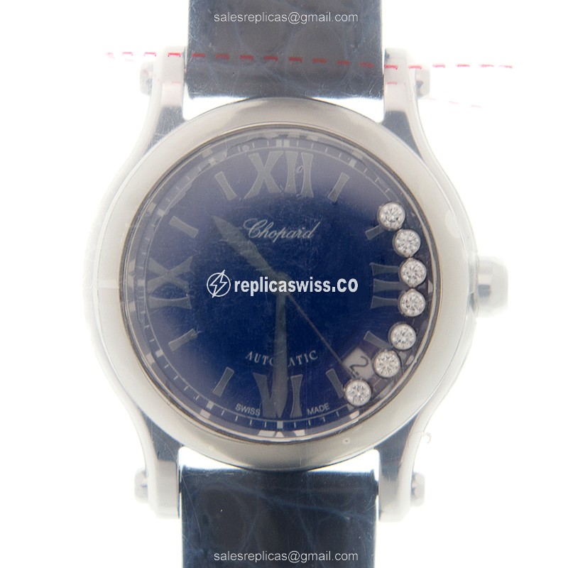 Chopard Happy Sport Replica - Automatic - Black Dial - Blue Alligator - Buckle - Luxury Replica HAPPY SPORT Watch